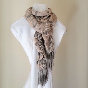 Ruffle knit beige and gray scarf